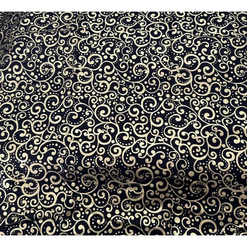 Lux  Timeless Treasures Black Gold Metallic Scroll Cotton Quilting Fabric 46X42